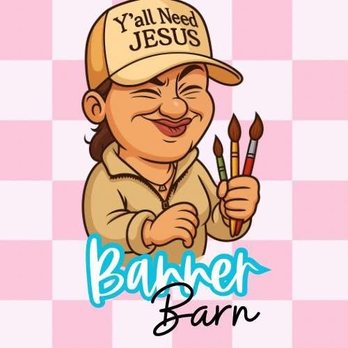 Banner Barn mascot — a smiling artist in a trucker cap holding three paintbrushes